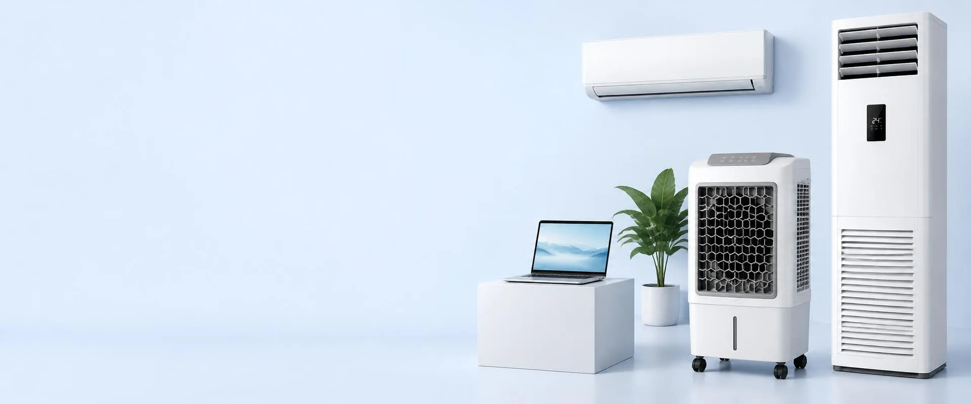 A tower AC, split AC, room cooler and laptop in a bright studio
